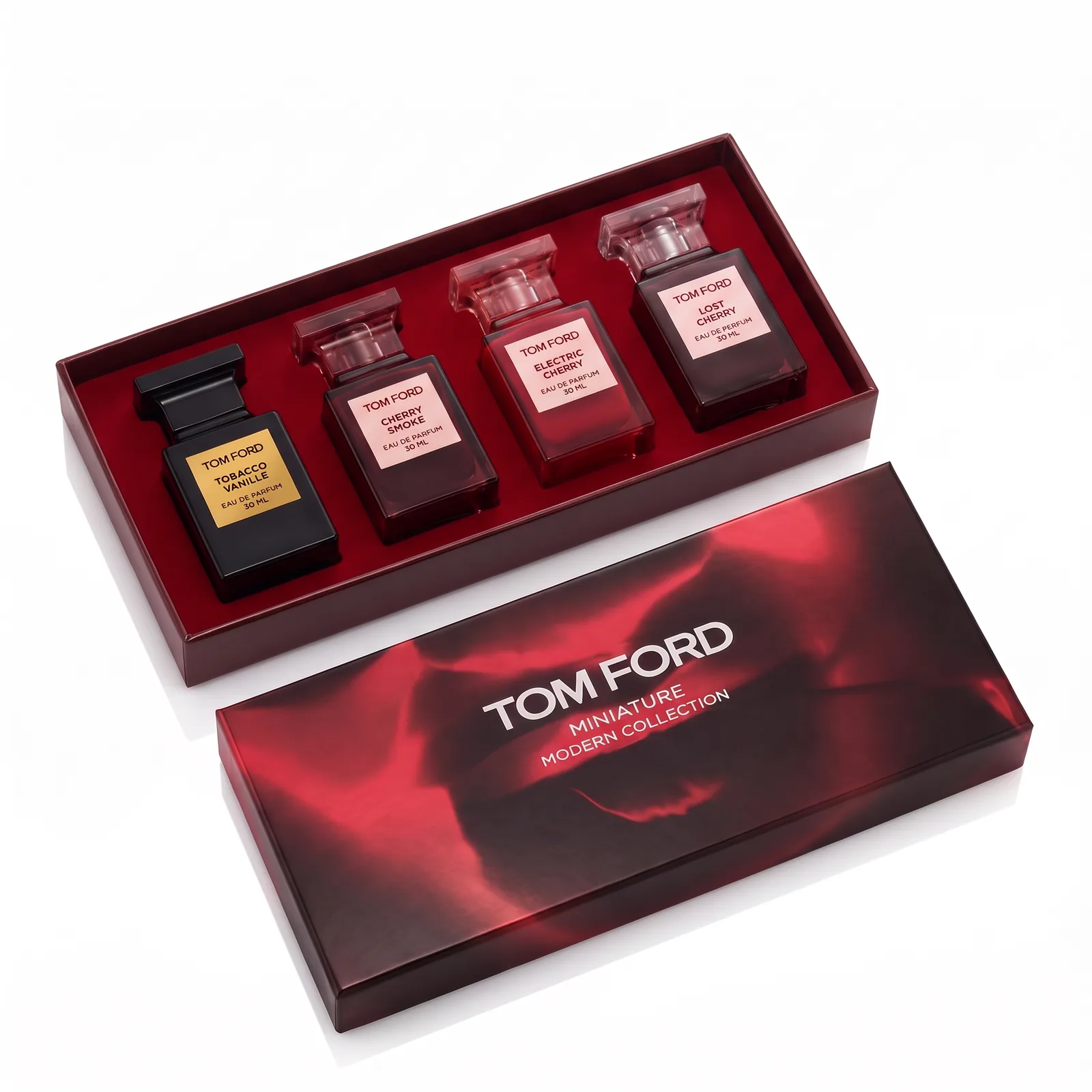 Zestaw Tom Ford — otwarte pudełko z czterema flakonami 30 ml